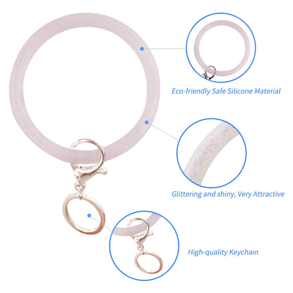 YBB 5 Pcs Silicone Wrist Keychain Bracelets, Shiny Bangle Keyring Large Circle Keychain Holder for Women Girls Christmas Valentine's Day Gift