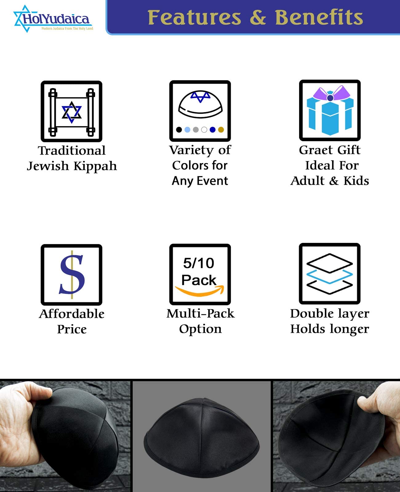 HolYudaica Pack of 5-Pcs - Hq 18/19/20CM Satin/Linen Kippah for Men & Boys, Yamaka Hat Designed in Israel - Kippot Bulk (Black, Satin)