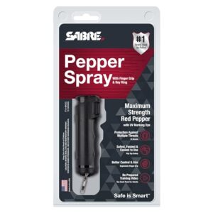 SABRE Pepper Spray with Fast Flip Top, Maximum Police Strength OC Spray, Key Ring for Easy Carry and Fast Access, Finger Grip for More Accurate and Faster Aim, 0.54 fl oz, Secure and Easy to Use