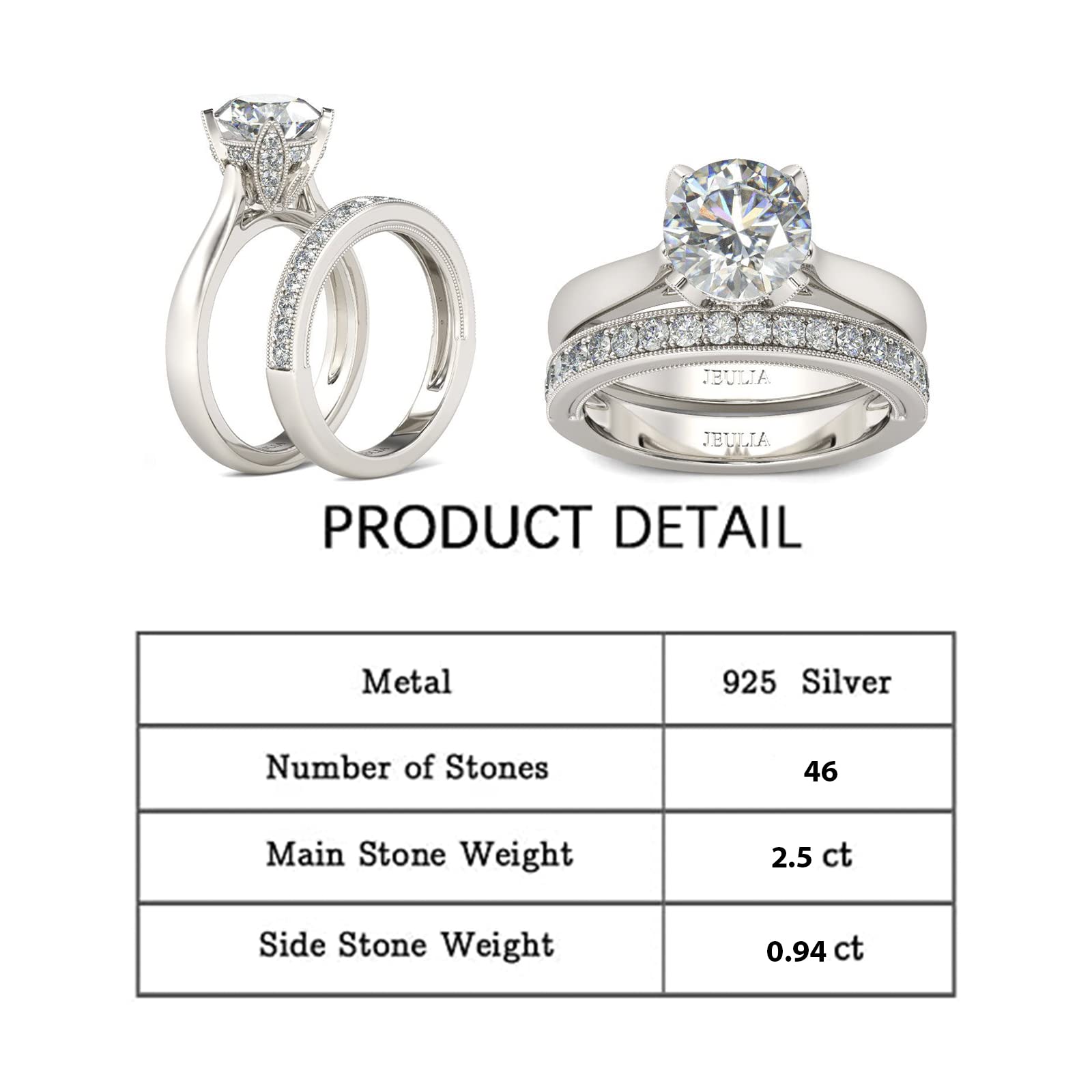 Jeulia Bridal Set for Women 2.5 Carat Engraved Round Cut Sterling Silver Solitaire Engagement Rings CZ Wedding Band Cubic Zirconia Promise Anniversary Rings with Jewelry Gift Box (O)