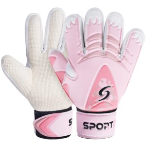 sportout kids goalkeeper gloves, soccer gloves with double wrist protection and non-slip wear resistant latex material to prevent injuries (pink, size 7 suitable for 12 to 14 years old)