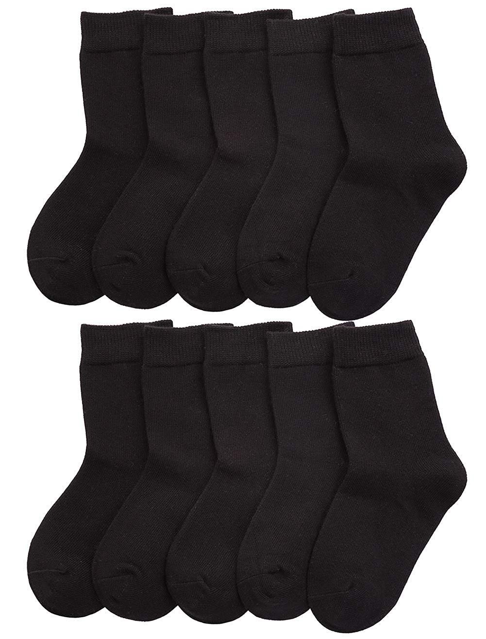 CHUNG Toddler Boys Girls 10 Pack Athletic Cotton Basic Crew Socks Autumn School Uniform Casual Sports,Plain Black,5-7Y