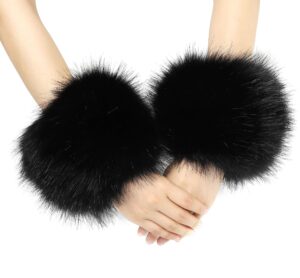 la carrie women's snakeskin print faux fur wrist cuffs,winter fox furry bands arm warmer (black)