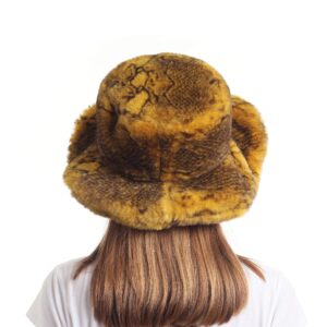 LA CARRIE Women's Snakeskin Print Faux Fur Bucket Hat Winter Warmer Fisherman Cap (Yellow)