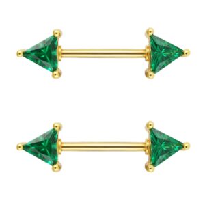 Excepro 2Pcs Nipplerings Barbell 316L Surgical Stainless CZ Nipple Piercing (Yellow Gold plated Green, stainless-steel)