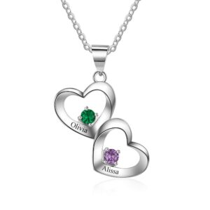 personalized 2 names sterling silver necklace with 2 simulated birthstones couple engraved love heart pendant promise necklace for women