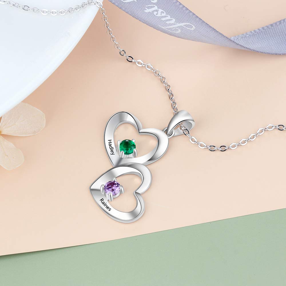 Personalized 2 Names Sterling Silver Necklace with 2 Simulated Birthstones Couple Engraved Love Heart Pendant Promise Necklace for Women