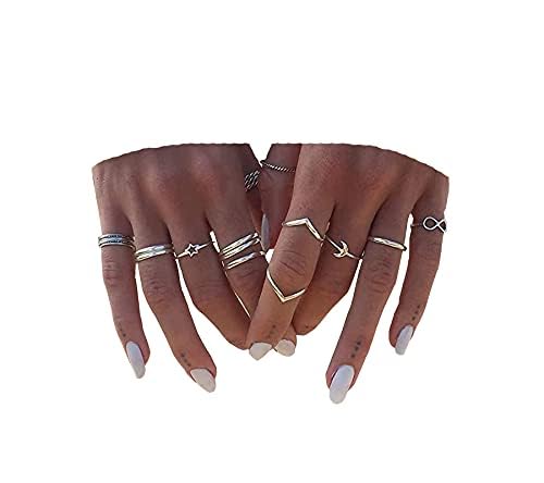 BERYUAN Women 12pcs Rings Silver Rings Women Ring Set Rings Size 5 6 7 8