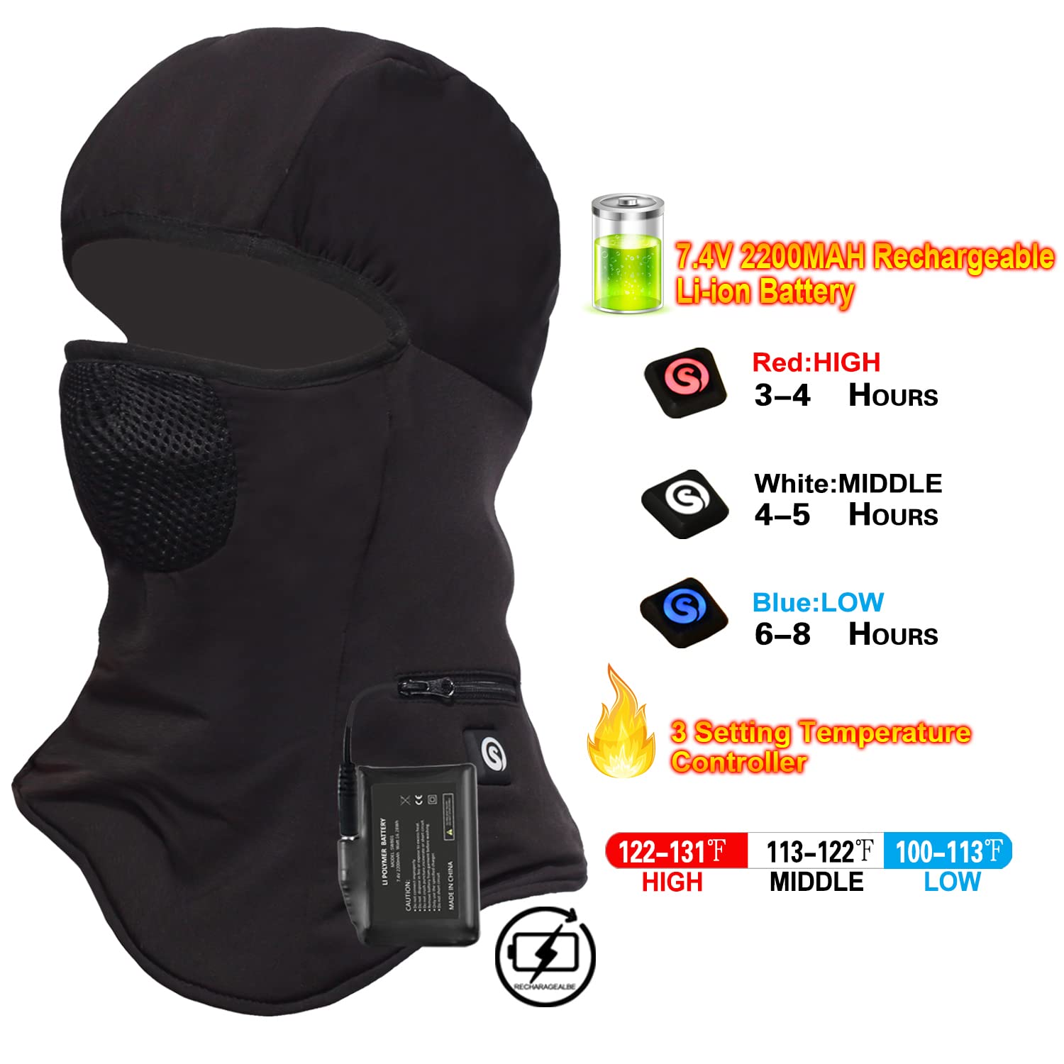 Battery Balaclava Face Ski Mask,Windproof Heated Hat Motorcycle,Riding Women Men Black