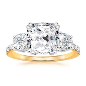 Samie Collection 3 Stone Cushion Cut Simulated Diamond Engagement Ring with Side Stones in Yellow Gold & White Gold Plating, Size 8