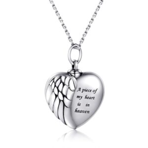 925 Sterling Silver Angel Wing Heart Urn Pendant Necklace For Ashes - A piece of my heart is in heaven Memorial Keepsake Cremation Jewelry (Wing)