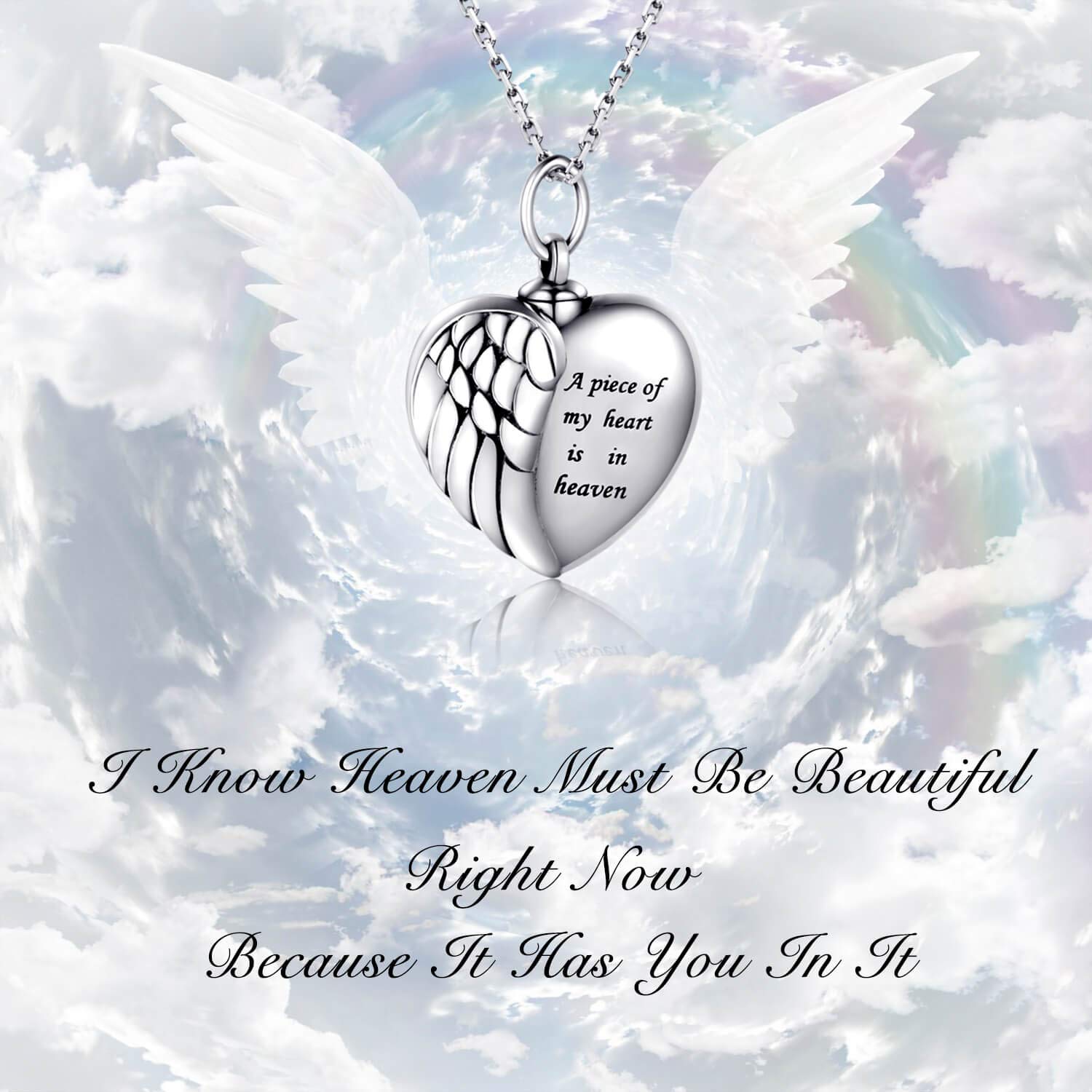 925 Sterling Silver Angel Wing Heart Urn Pendant Necklace For Ashes - A piece of my heart is in heaven Memorial Keepsake Cremation Jewelry (Wing)