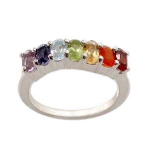 novica artisan handmade multigemstone chakra ring sterling silver jewelry garnet carnelian citrine peridot iolite band cocktail india birthstone [ring front 0.8 in l x 0.2 in w x 0.2 in h band width ]