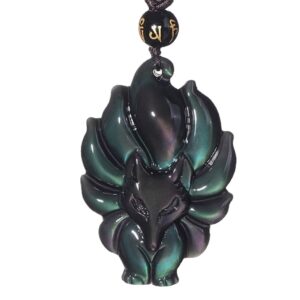 obsidian crystal nine tail fox necklace amulet pendant with bead chain for wen or women (rainbow fox)