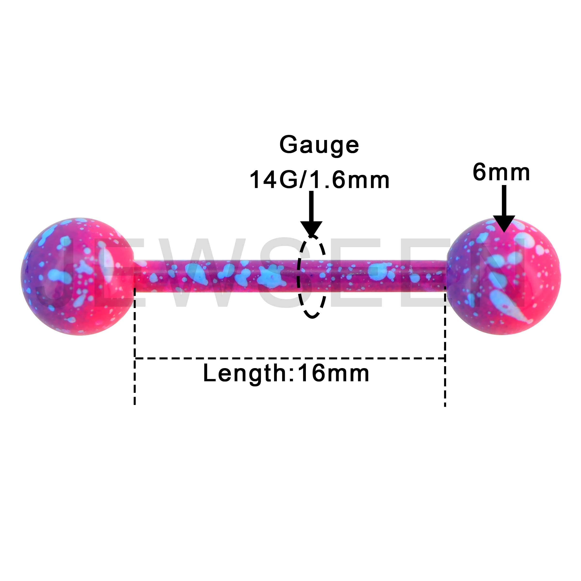 Jewseen 5PCS Pink Purple Acrylic Balls Tongue Barbell Splatter 316L Stainless Steel Bar Tongue Rings Piercing