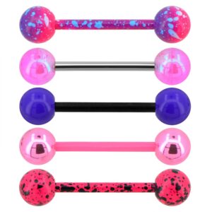 Jewseen 5PCS Pink Purple Acrylic Balls Tongue Barbell Splatter 316L Stainless Steel Bar Tongue Rings Piercing