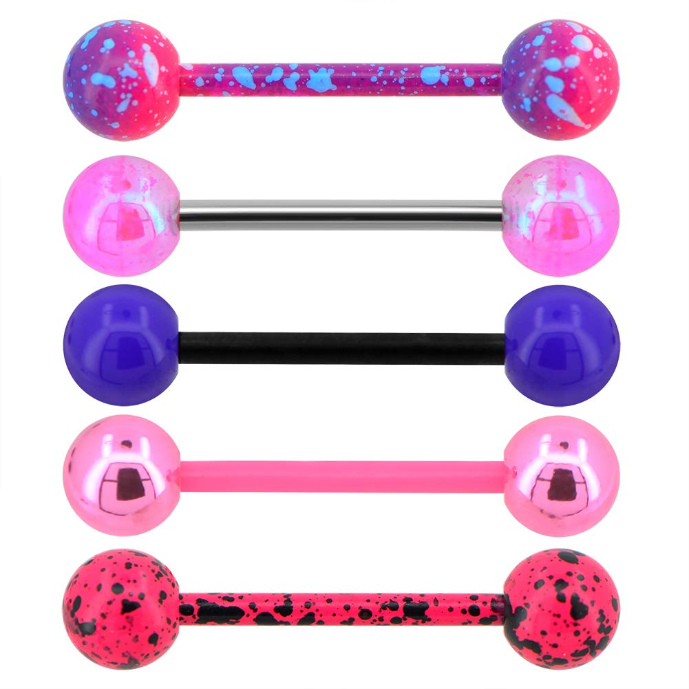 Jewseen 5PCS Pink Purple Acrylic Balls Tongue Barbell Splatter 316L Stainless Steel Bar Tongue Rings Piercing