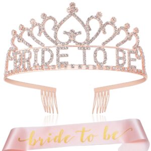 coucoland women’s bride to be crown tiara and bride to be sash crystal rhinestone tiara headband for wedding bridal shower(rose gold)