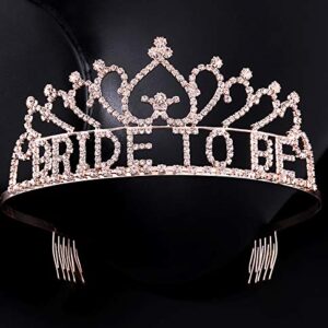 Coucoland Women’s Bride to Be Crown Tiara and Bride to Be Sash Crystal Rhinestone Tiara Headband for Wedding Bridal Shower(Rose Gold)