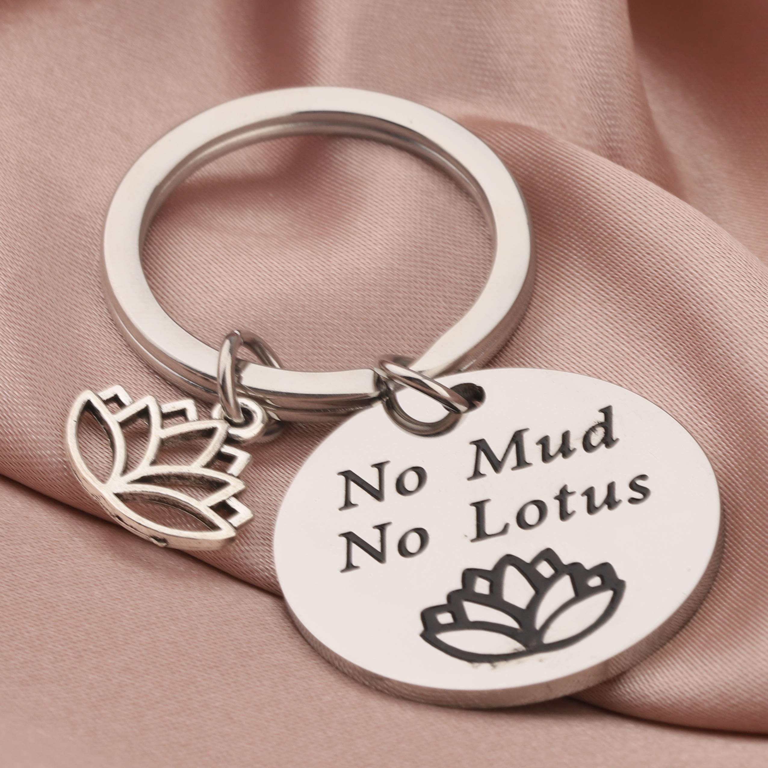 BEKECH Inspirational Yoga Keychain No Mud No Lotus Keychain Lotus Flower Yoga Jewelry Yogi Gift Yoga Lover Gift (silver)