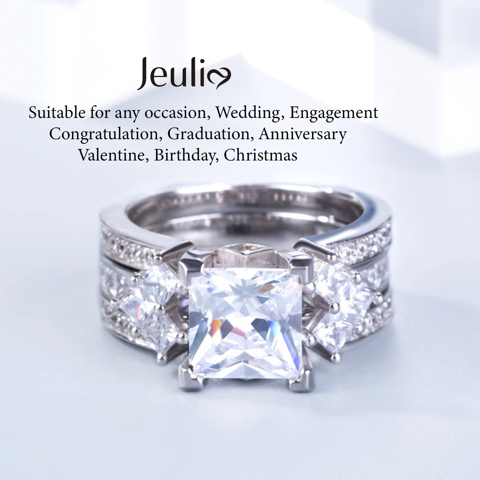 Jeulia 4.1 Carat Bridal Ring Sets for Women Princess Cut Engagement Rings Sterling Silver Wedding Band Interchangeable Rings Promise Anniversary with Jewelry Box (White, 6)