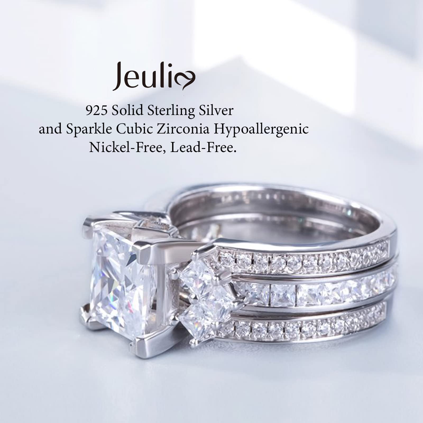 Jeulia 4.1 Carat Bridal Ring Sets for Women Princess Cut Engagement Rings Sterling Silver Wedding Band Interchangeable Rings Promise Anniversary with Jewelry Box (White, 6)