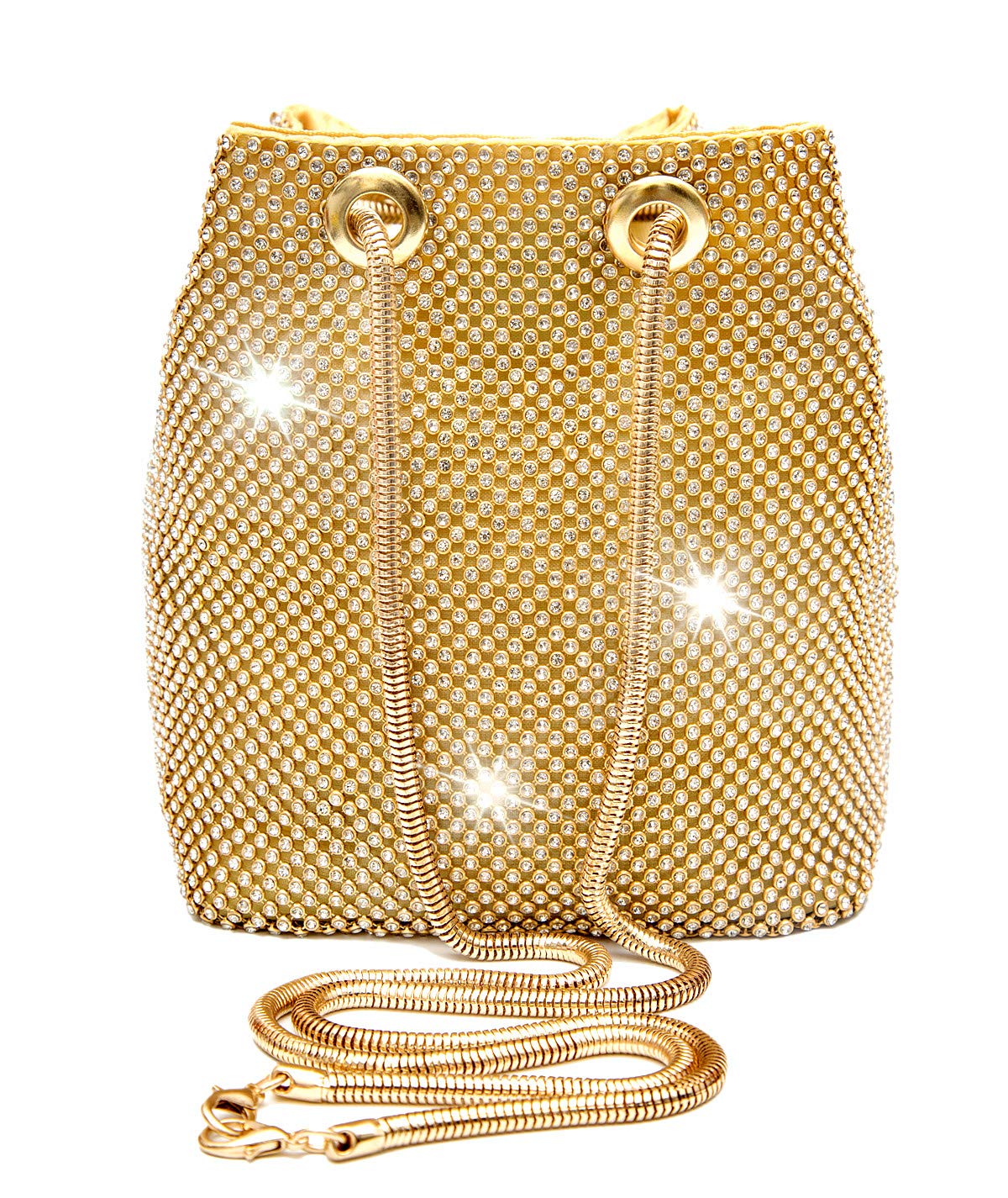 Vgift Evening Purse Women, Rhinestone Bucket Bag Crystal Purse for Wedding Party, Gold