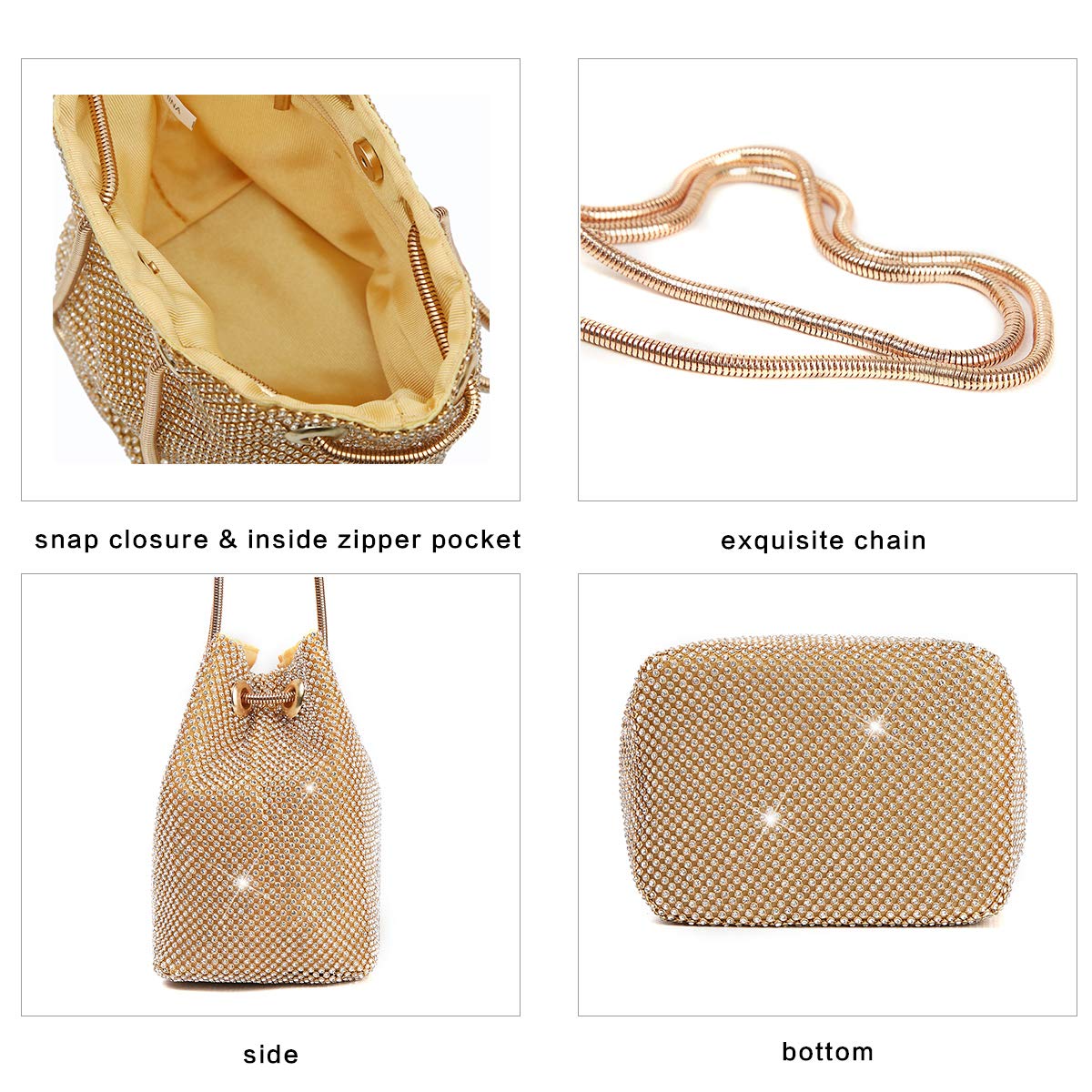 Vgift Evening Purse Women, Rhinestone Bucket Bag Crystal Purse for Wedding Party, Gold