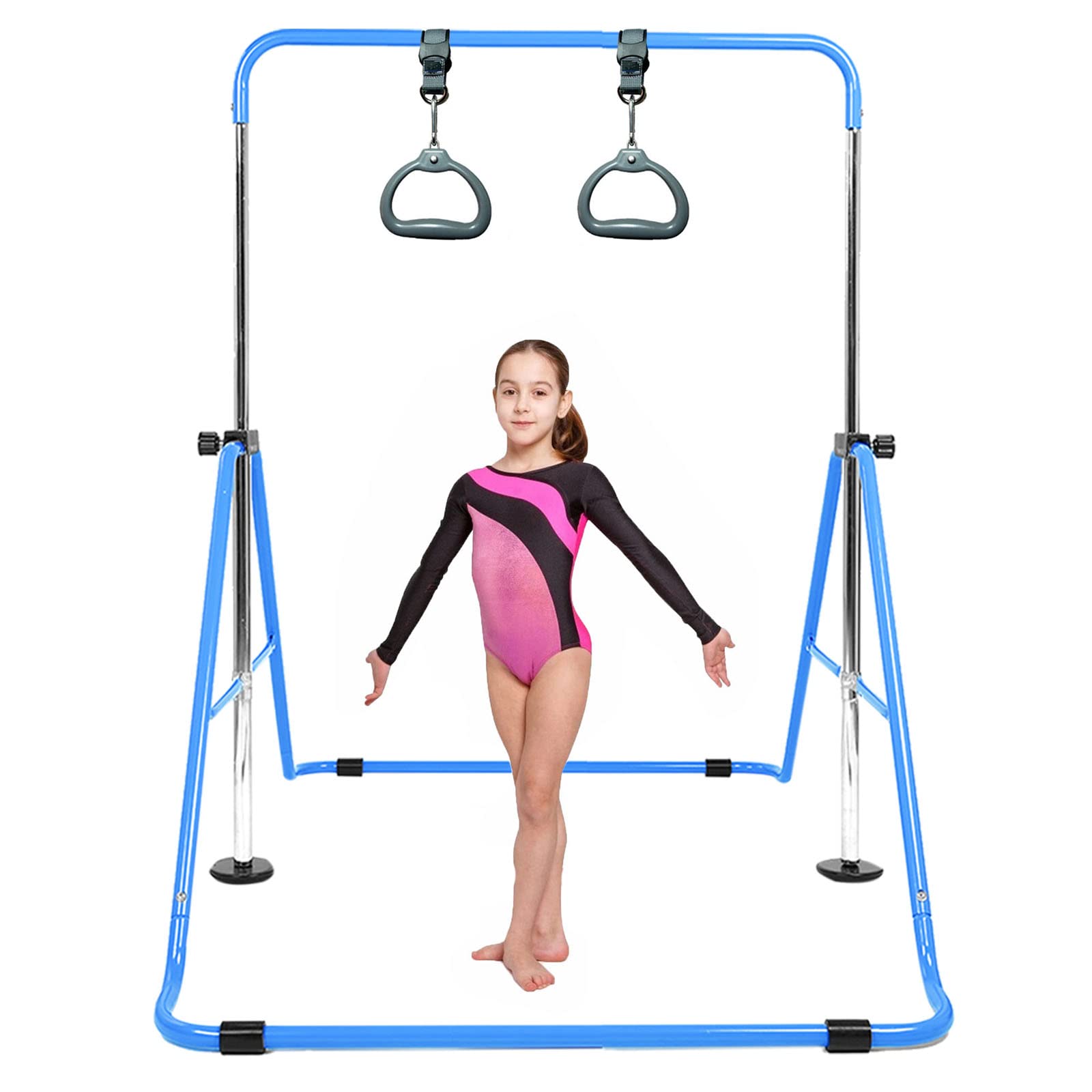 AMRTA Gymnastics Bars for Home with Rings Set Blue, Adjustable Height Training Balance Kip Monkey Bar Folding Horizontal Gymnastic Equipment, for Kids Children Junior Toddler Ages 3-10