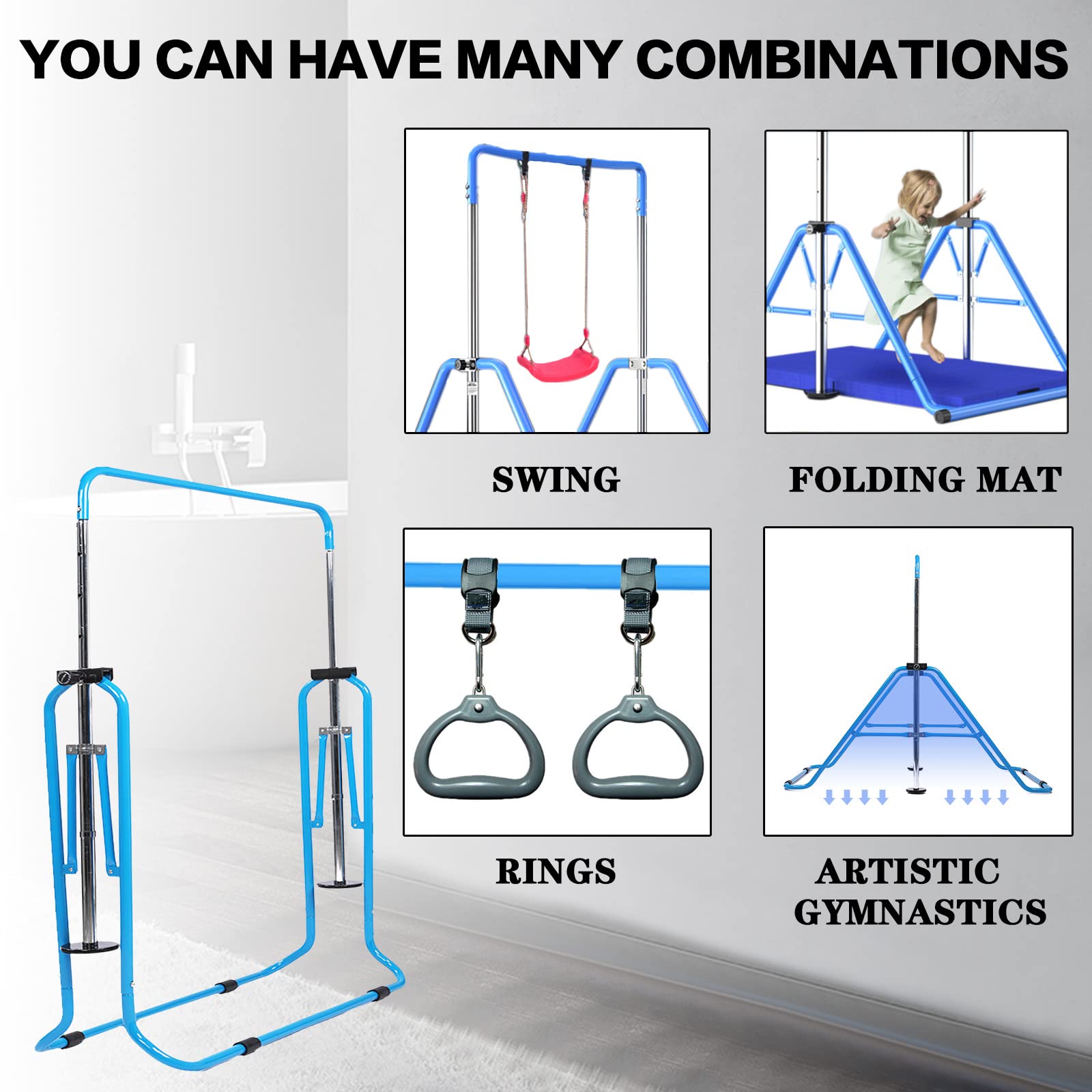 AMRTA Gymnastics Bars for Home with Rings Set Blue, Adjustable Height Training Balance Kip Monkey Bar Folding Horizontal Gymnastic Equipment, for Kids Children Junior Toddler Ages 3-10