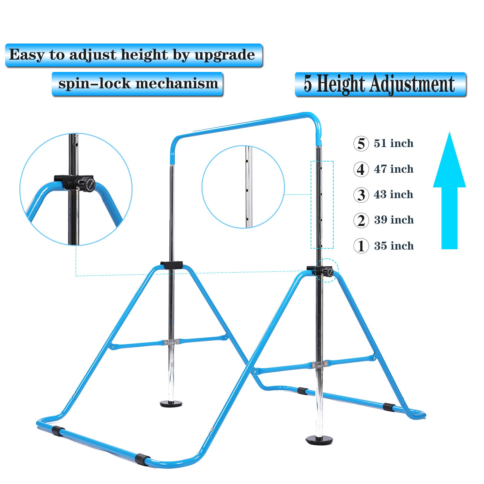 AMRTA Gymnastics Bars for Home with Rings Set Blue, Adjustable Height Training Balance Kip Monkey Bar Folding Horizontal Gymnastic Equipment, for Kids Children Junior Toddler Ages 3-10