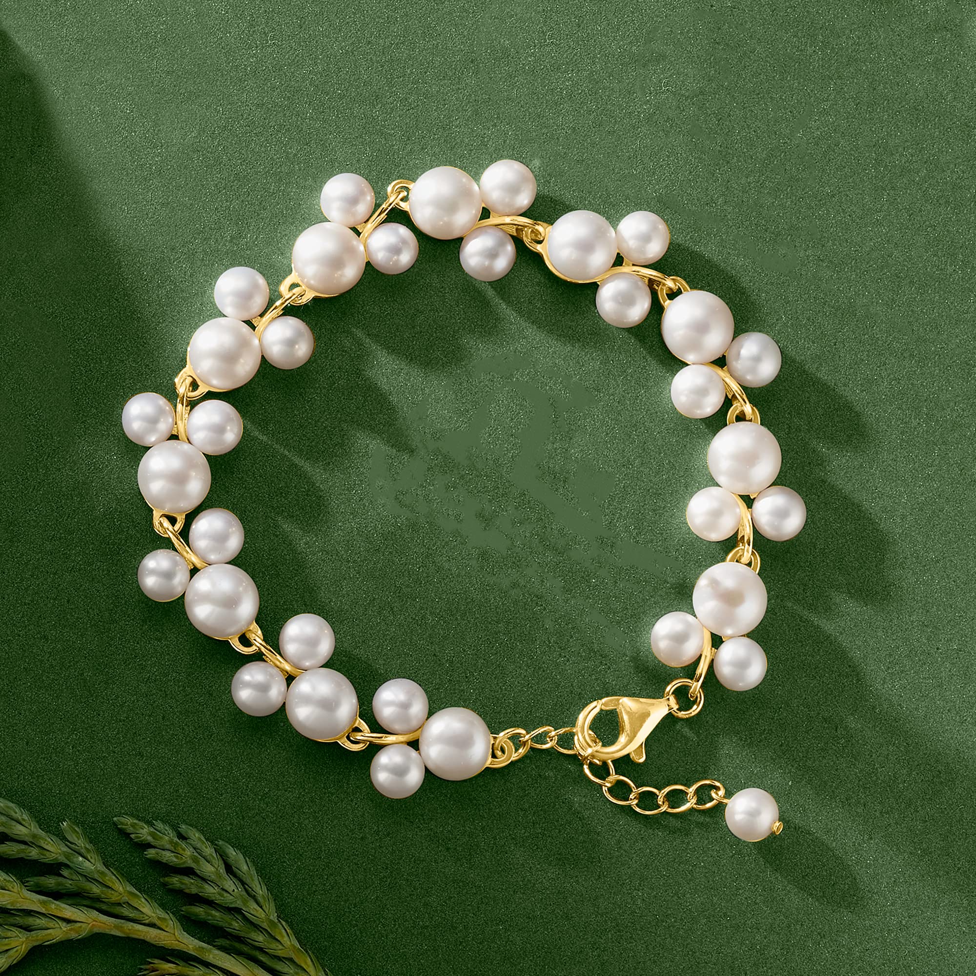 Ross-Simons 5-7.5mm Cultured Pearl Trio Bracelet in 18kt Gold Over Sterling Silver. 7 inches