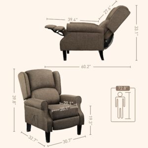 HOMCOM Vibration Massage Recliner Chair for Living Room with Heat, Wingback Single Sofa, Modern Linen Fabric Push Back Reclining Chair with Footrest, Side Pocket, Brown