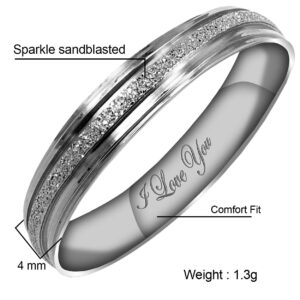 Everstone Women's Sparkle 4MM Flat Promise Ring Wedding Bands Titanium Ring Color: Platinum Engraved I Love You