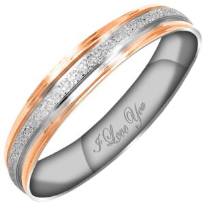 Everstone Women's Sparkle 4MM Flat Promise Ring Wedding Bands Titanium Ring Two Tone Color: Rose Gold & Sparkle Silver Engraved I Love You