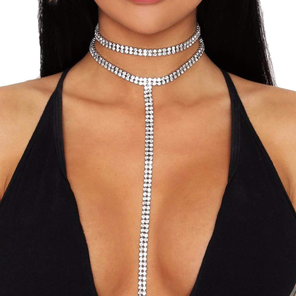 Joygulls Sexy Multilayered Long Choker Necklaces Double Layer Crystal Full Rhinestone Choker Necklace Pendant Statement Necklaces Luxury Jewelry for Women Nightclub Party(Silver)