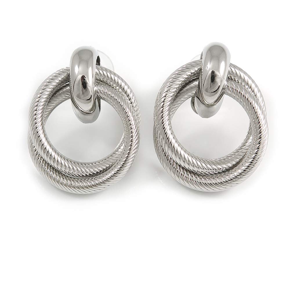 Double Interlocked Eternity Circle of Love Hoop Stud Earrings In Silver Tone - 30mm Long