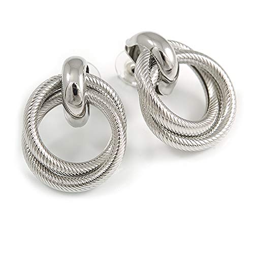 Double Interlocked Eternity Circle of Love Hoop Stud Earrings In Silver Tone - 30mm Long