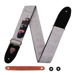 guitar strap with leather ends and pick pocket, 3 picks, strap button included, ideal for electric acoustic bass guitar, banjos and ukulele