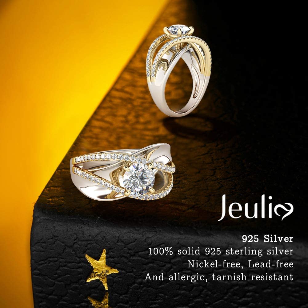 Jeulia Engagement Rings for Women Sterling Silver Two Tone Gold Bridal Sets Crossover Round Engagement Ring Sets Cubic Zirconia Anniverdary Promise with Jewelry Gift Box (7)