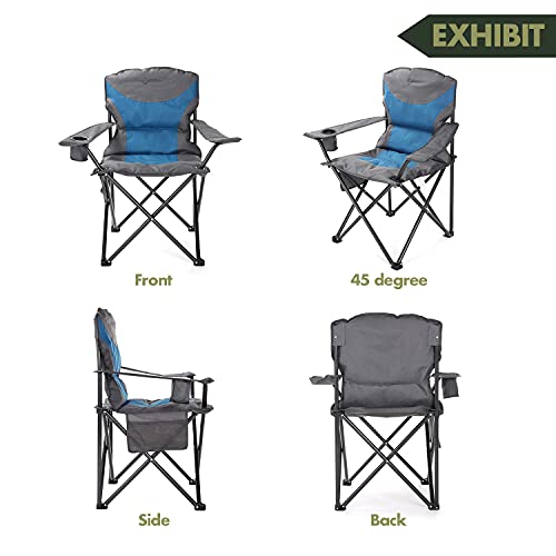 ARROWHEAD OUTDOOR Portable Folding Camping Quad Chair w/Added Ultra-Comfortable Padding, Cup-Holder, Heavy-Duty Carrying Bag, Padded Armrests, Supports up to 330lbs, USA-Based Support (Blue & Gray)