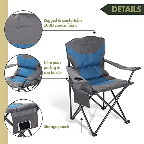 ARROWHEAD OUTDOOR Portable Folding Camping Quad Chair w/Added Ultra-Comfortable Padding, Cup-Holder, Heavy-Duty Carrying Bag, Padded Armrests, Supports up to 330lbs, USA-Based Support (Blue & Gray)