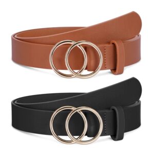 SANSTHS 2 Pack Women Leather Belts Faux Leather Jeans Belt with Double O Ring Buckle Black Brown M