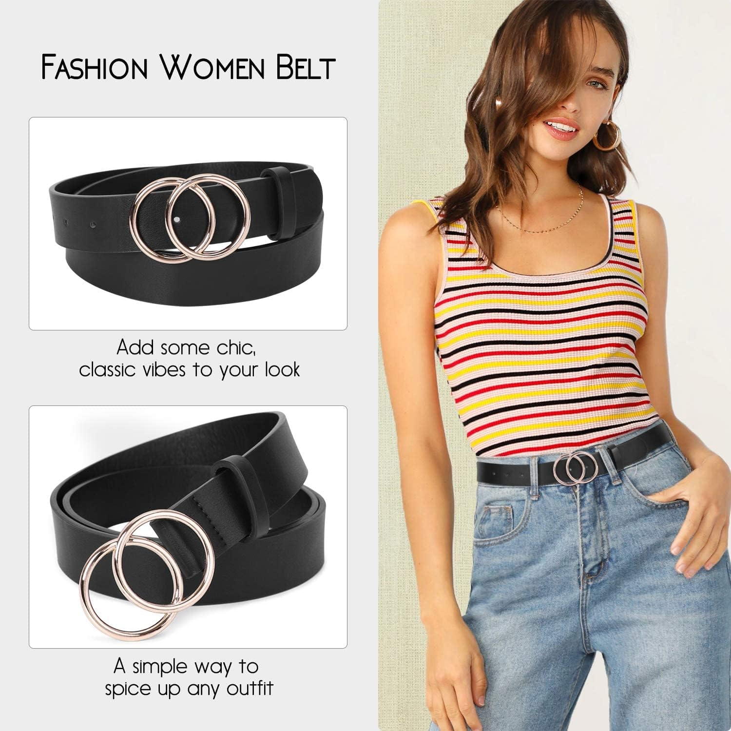 SANSTHS 2 Pack Women Leather Belts Faux Leather Jeans Belt with Double O Ring Buckle Black Brown M