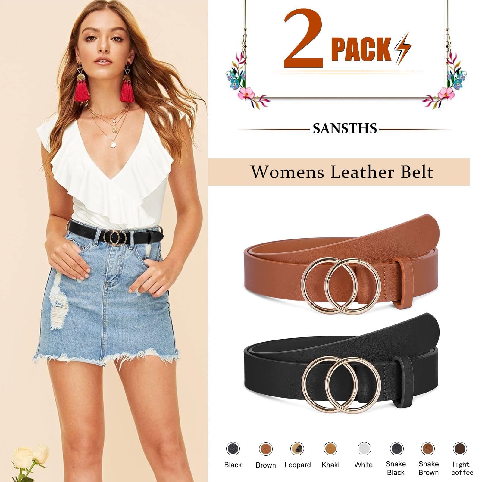 SANSTHS 2 Pack Women Leather Belts Faux Leather Jeans Belt with Double O Ring Buckle Black Brown M