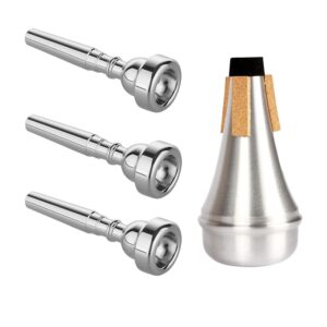 kuylive 3 pack trumpet mouthpiece (3c 5c 7c) with lightweight aluminum practice trumpet mute silencer fit for yamaha bach conn king replacement musical instruments accessories, silver