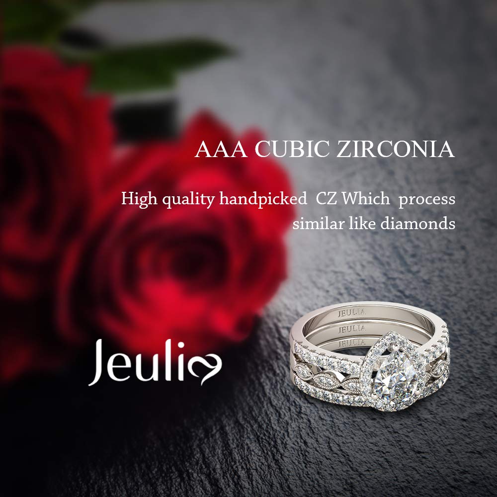 Jeulia Halo Pear Cut Ring Set CZ Heart Shape Engagement Ring for Women Sterling Silver White Diamond Bridal Set Promise Anniversary rings with Jewelry Gift Box (7.5)