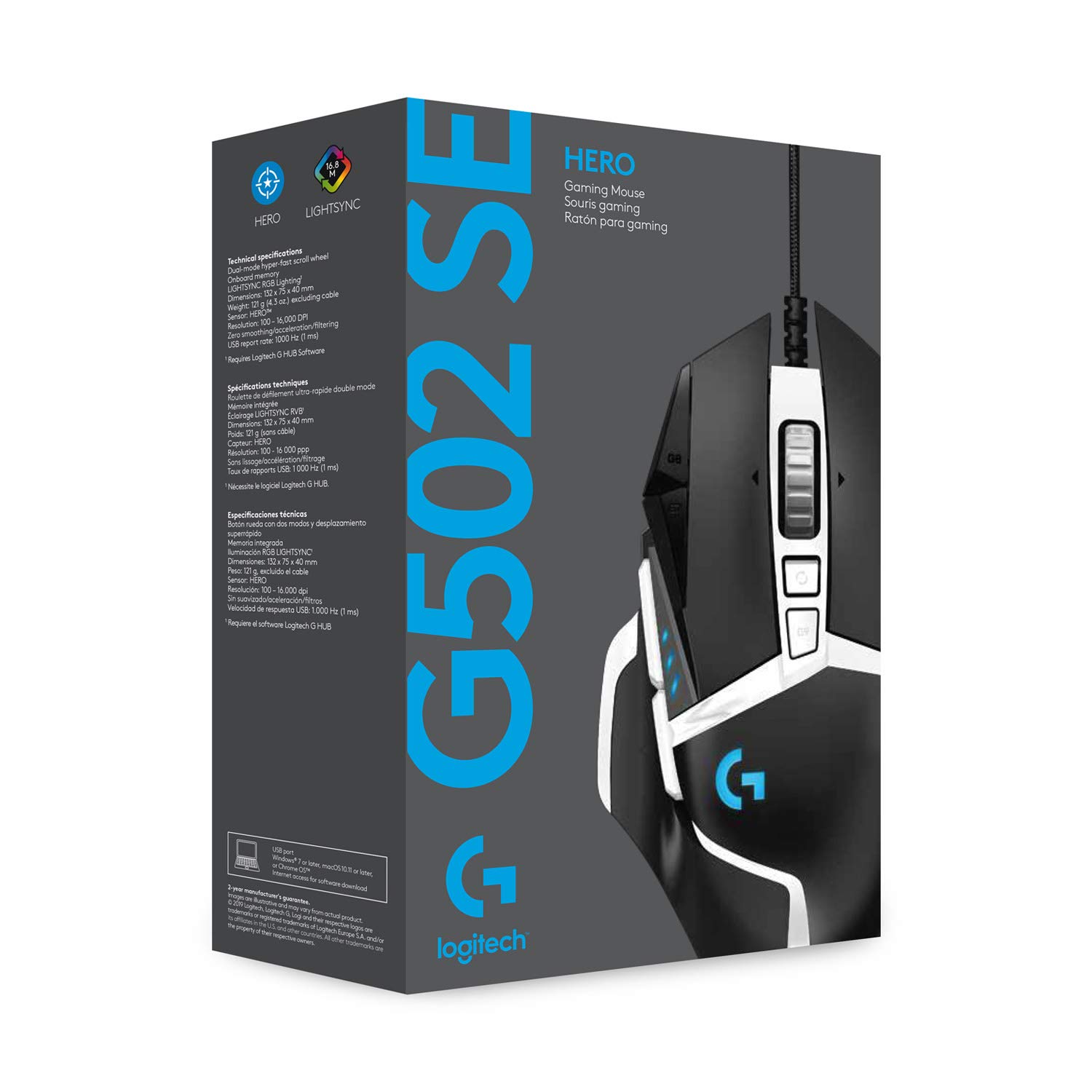 Logitech G502 Hero High Performance Gaming Mouse Special Edition, Hero 25K Sensor, 25 600 DPI, RGB, Adjustable Weights, 11 Programmable Buttons, On-Board Memory, PC/Mac - Black/White