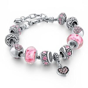 long way silver tone chain pink crystal love heart bead glass charm bracelet with extender 7.5"+1.5" … (201)