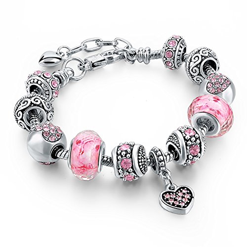 Long Way Silver Tone Chain Pink Crystal Love Heart Bead Glass Charm Bracelet With Extender 7.5"+1.5" … (201)